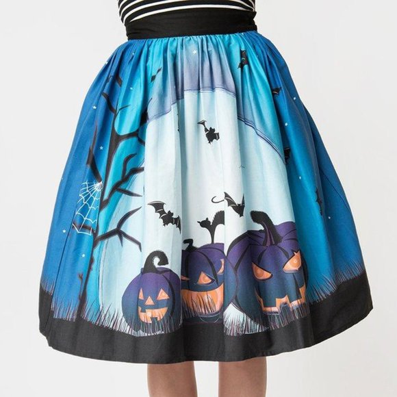 Unique Vintage Dresses & Skirts - Halloween Blue Moon Pumpkin Circle Skirt NWT